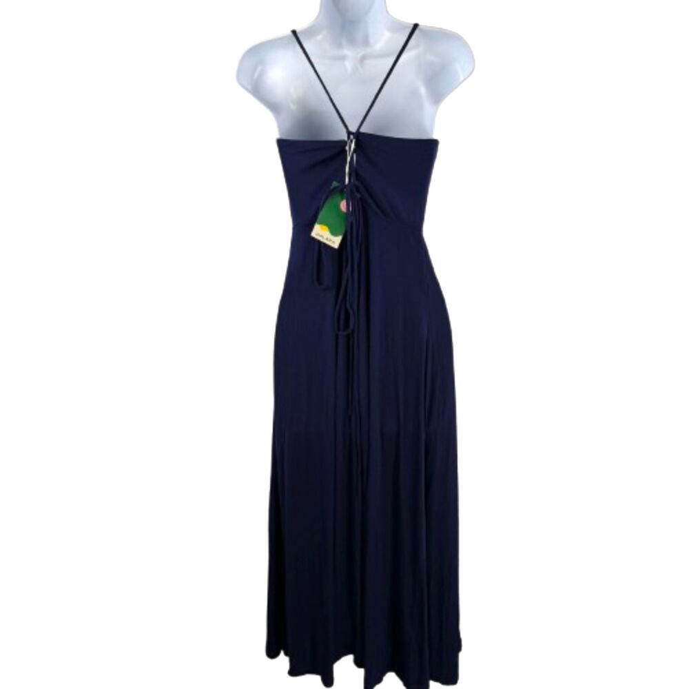 Halara NWT Ribbed Cowl Neck Lace Up Blue Midi Dress Size S - Picture 2 of 5